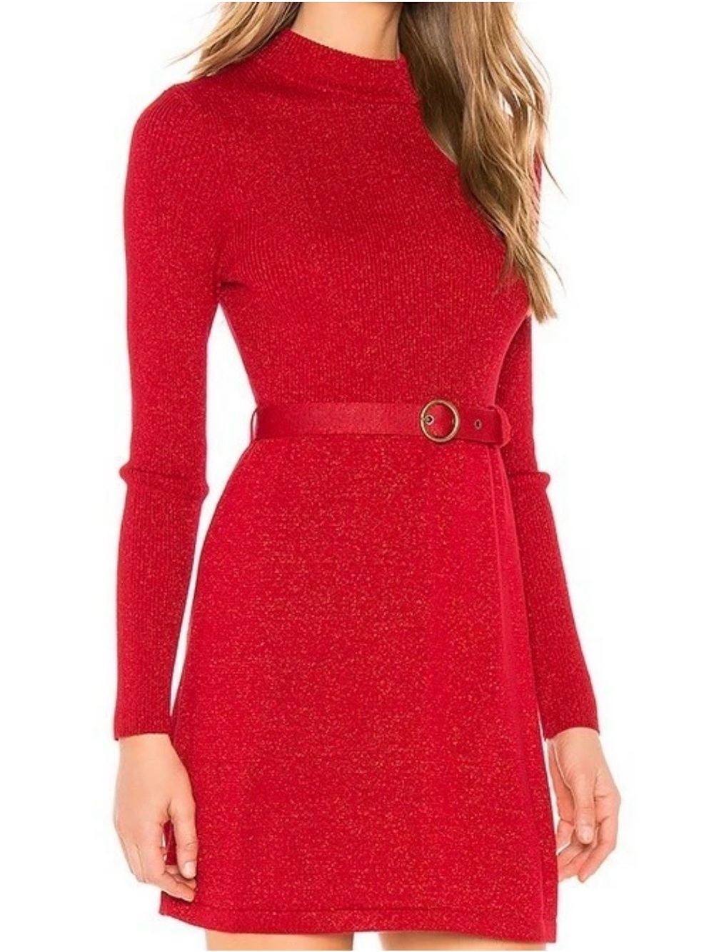 Free People "French Girl" Belted Mini Sweater Dress Caliente Red S